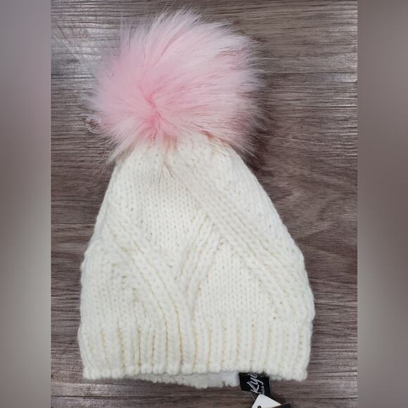 Kyi Kyi White Knit Beanie Pink Faux Fur Pom‎ New